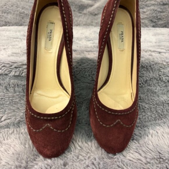 PRADA Suede Platform Pumps - Red Wine, Size 9 - Picture 2 of 6